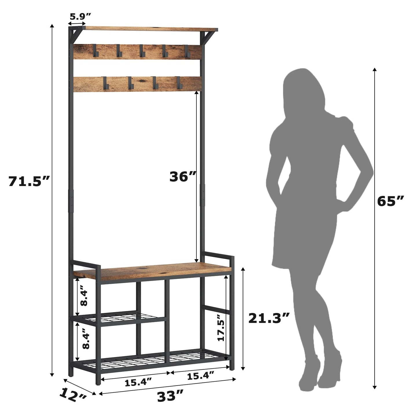 HOMEKOKO Coat Rack Shoe Bench, Hall Tree Entryway Storage Bench, Wood Look Accent Furniture with Metal Frame, 3-in-1 Design (Rustic Brown)