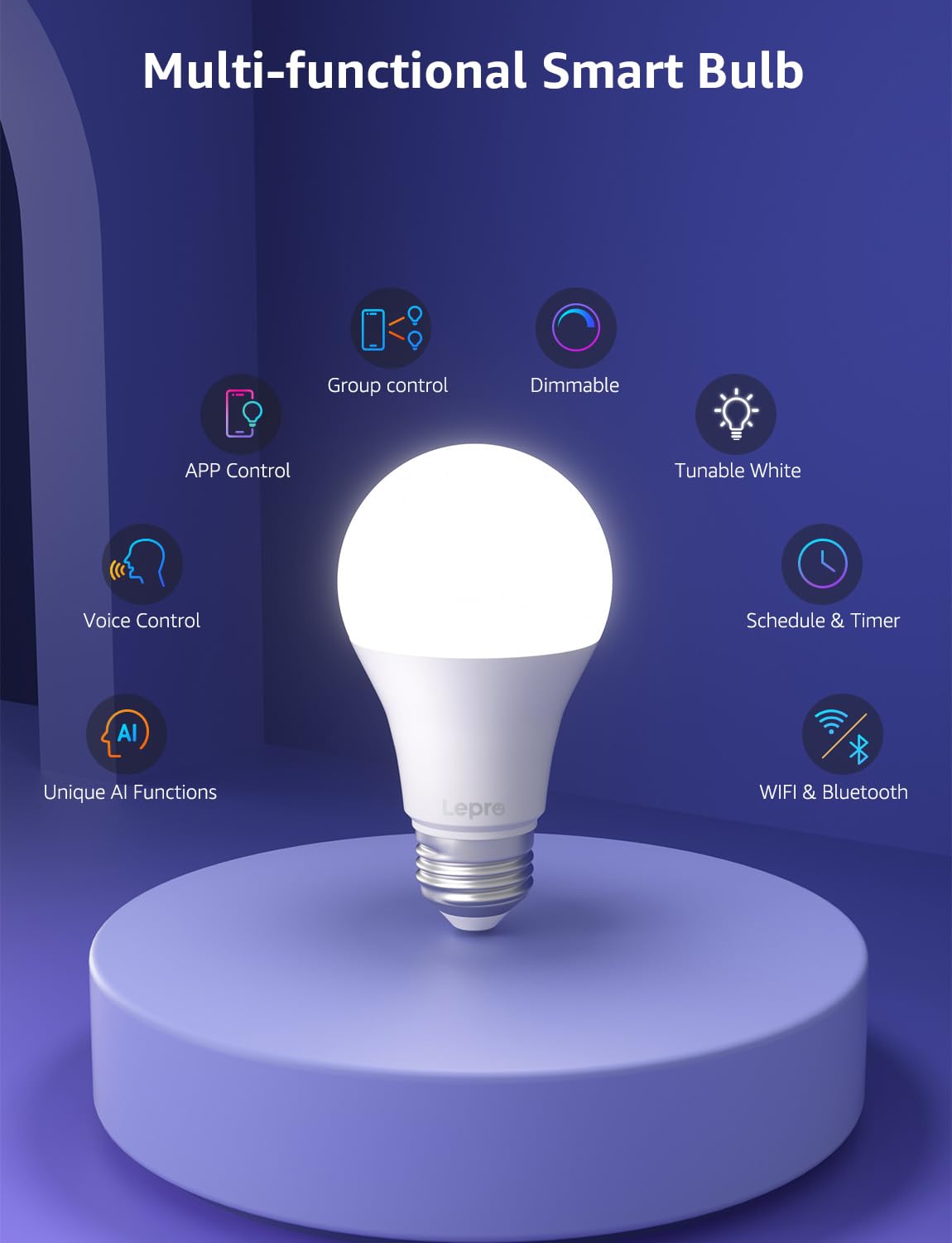 Lepro B1 AI Smart Light Bulbs - WiFi & Bluetooth RGBWW Color Changing LED Bulb Works with Alexa & Google Assistant, Personalized Al Lighting Designer, AI Voice Control, Music Sync, 2.4GHz Only, 2 Pack