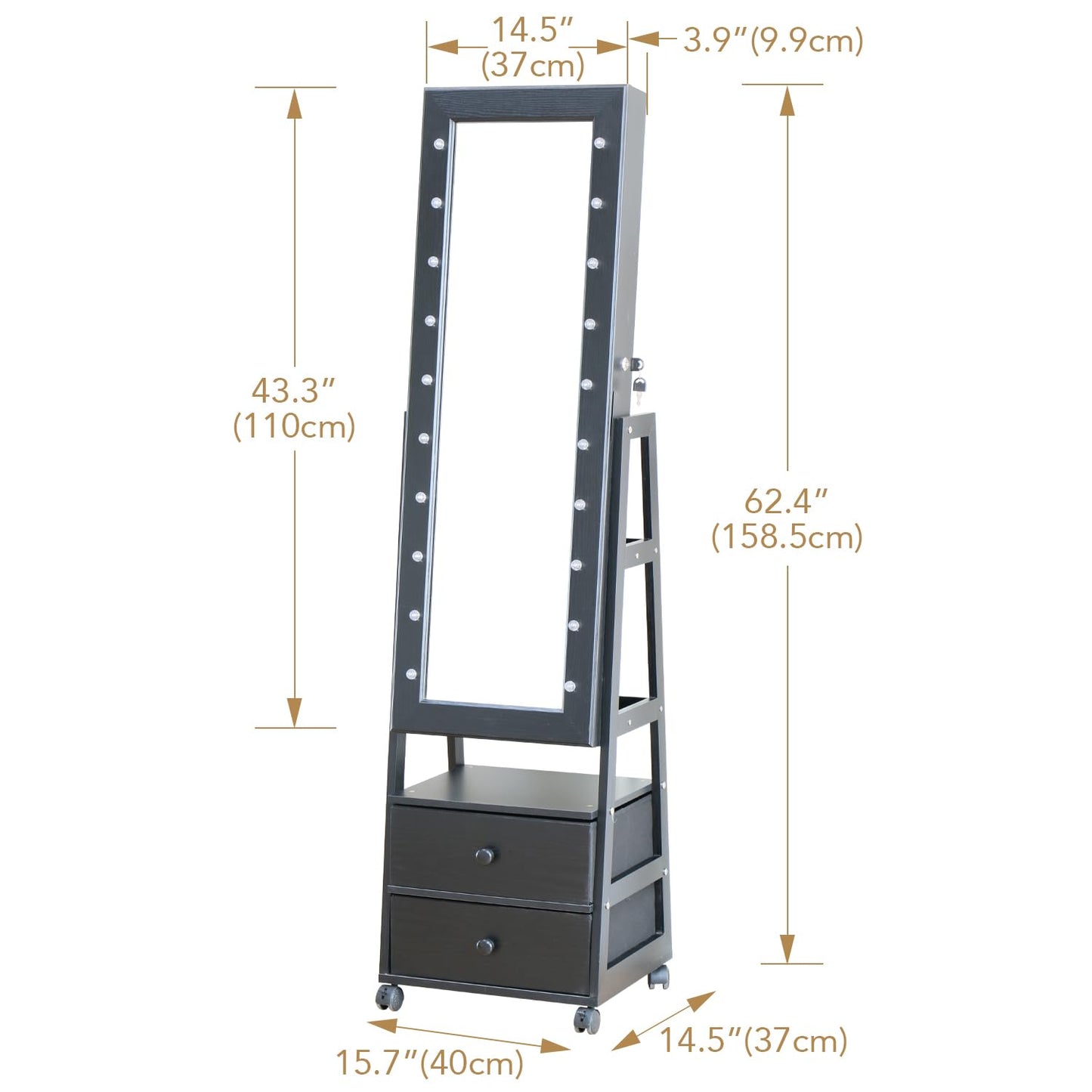 MASMIRE Jewelry Armoire Cabinet Organizer Standing with 20 LED Lights Lockable Full Length Mirror with Storage Shelves and 2 Drawers (Black) Adjustable Tilt Angles Gift for Her