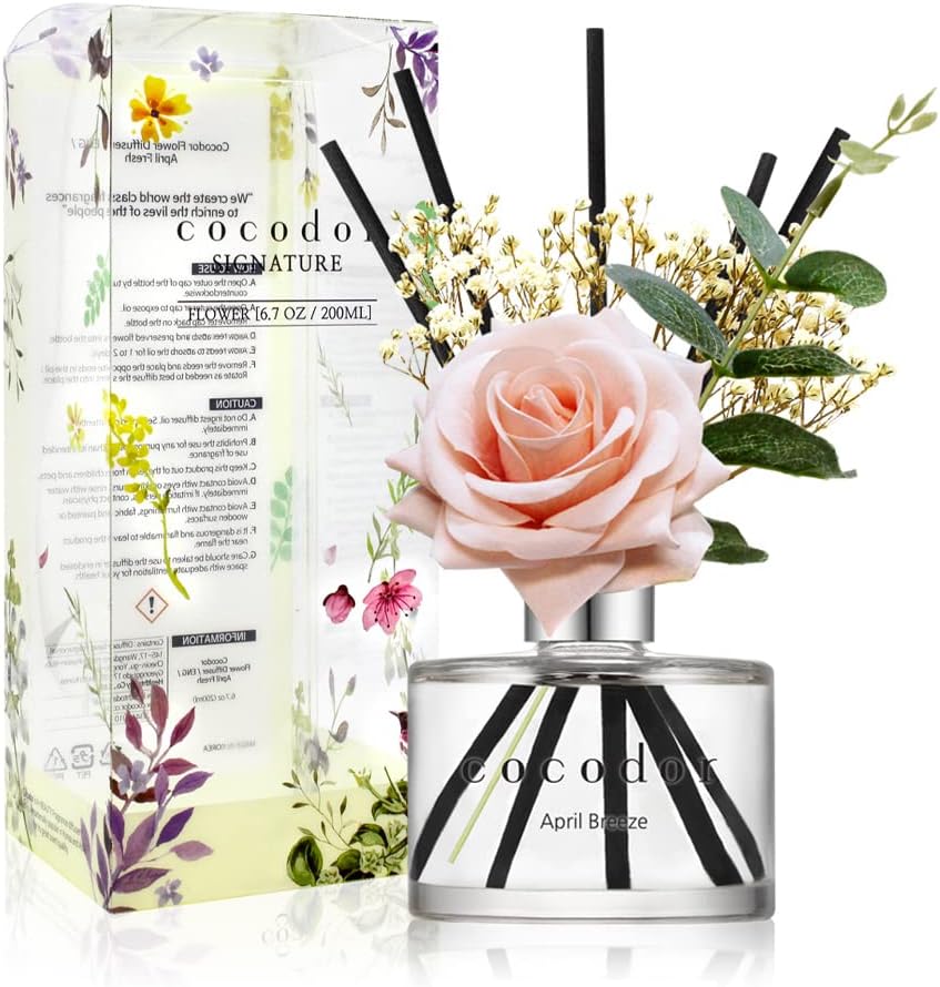 Cocod'or COCODOR Rose Flower Reed Diffuser/April Breeze/6.7oz(200ml)/1 Pack/Reed Diffuser, Reed Diffuser Set, Oil Diffuser & Reed Diffuser Sticks, Home Decor & Office Decor, Fragrance and Gifts