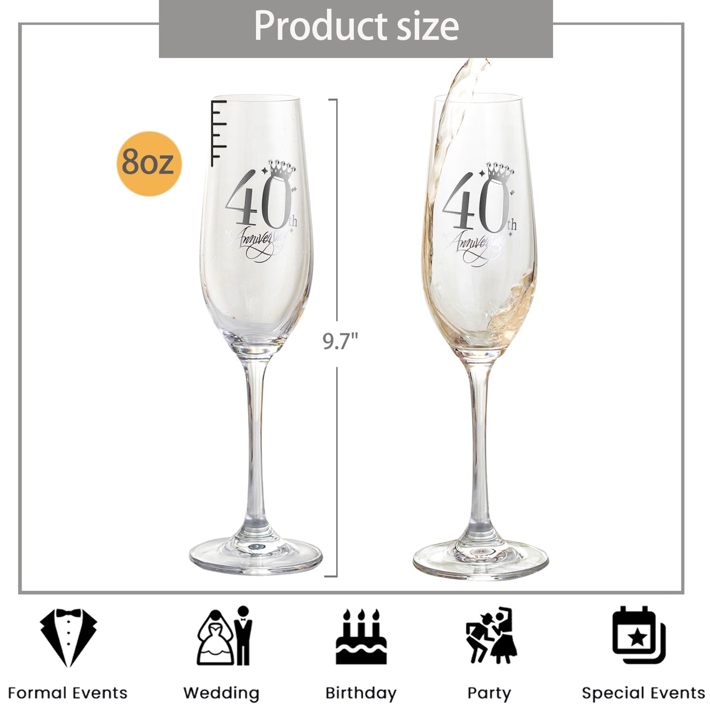 iooiluxry 40th Anniversary Wedding Gifts, Champagne flutes 40th Anniversary Decorations Champagne Glasses with Rhinestones 40th Gift for Married Couples, Relatives, Parents