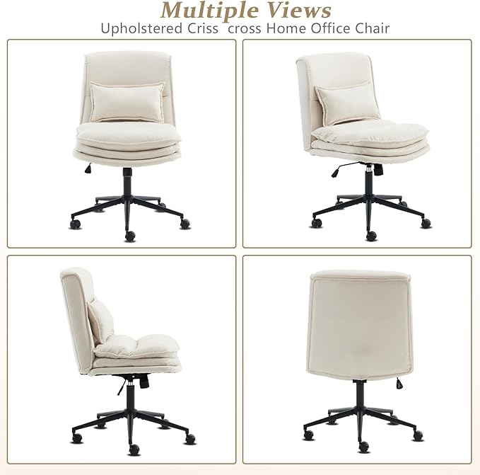VINGLI Cloud Criss Cross Legged Chair,18" High Back Armless Home Office Desk Chair with Wheels,Wide Adjustable Comfy Padded Seat Task Computer Chair,Modern Swivel Makeup Vanity Chair,Microfiber,Beige