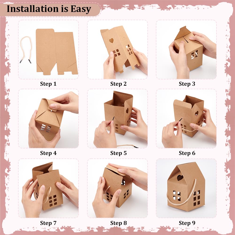 BENECREAT 30Pcs House Shaped Gift Boxes, 3x3x5inch Log Kraft Paper Candy Box Cardboard Treat Boxes for Wedding Baby Shower Birthday Party