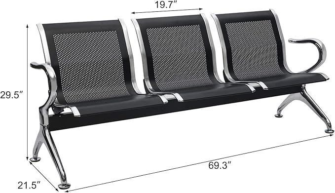 kinbor Waiting Room Chairs - Durable Black Reception Bench with Armrests, 3-Seat Office Reception Guest Chairs for Office, Hospital, Airport, Bank & Lobby (Set of 2)