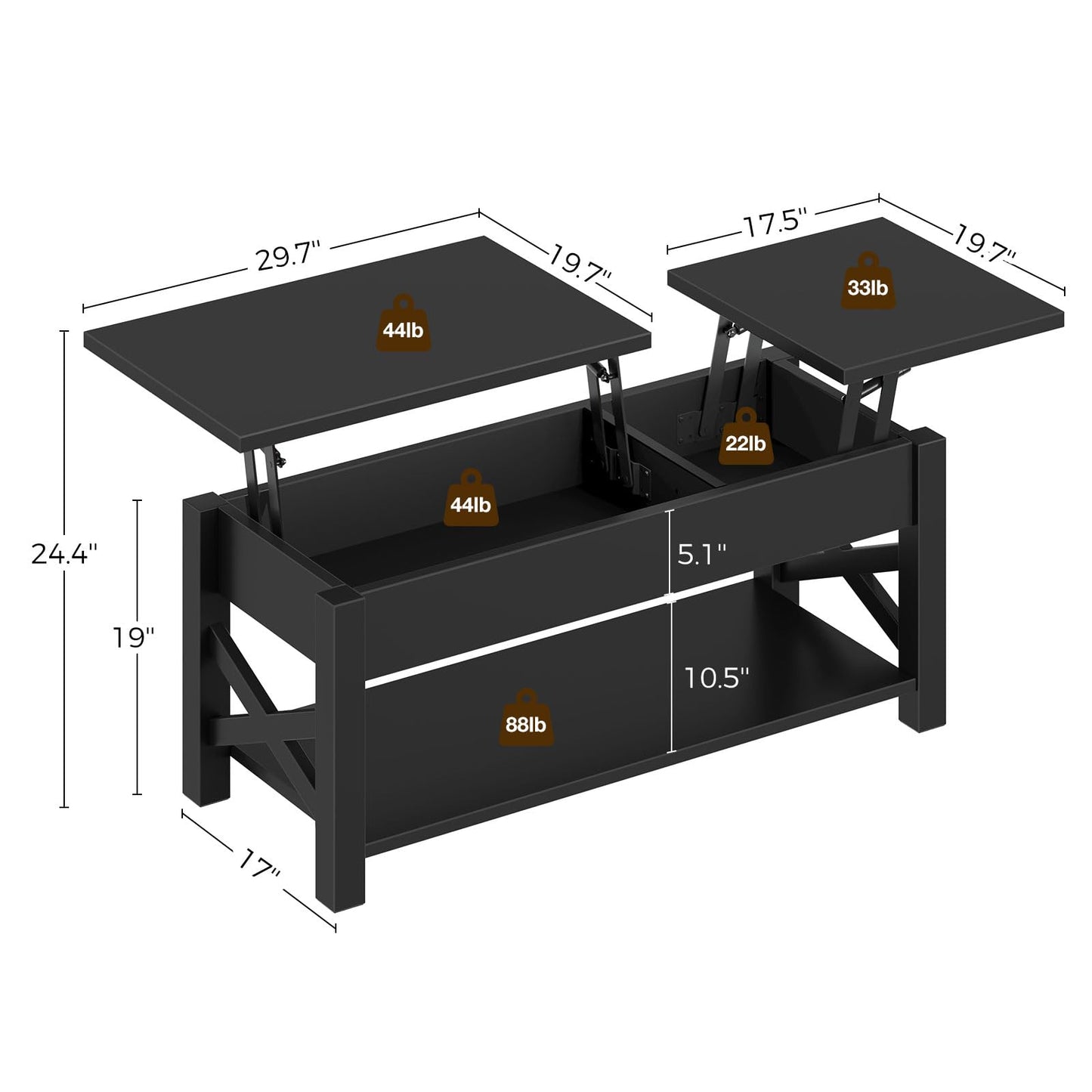 Rolanstar Coffee Table 47.2", 2 Way Lift Top Farmhouse Center Table with Hidden Compartment, Open Shelf & X Wooden Support for Living Room, Black