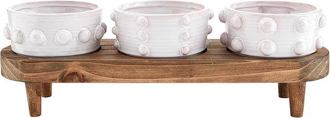 Mud Pie Beaded Dip Bowl Wood Board; Stand 5" X 7" | Dip 2" X 4" Dia