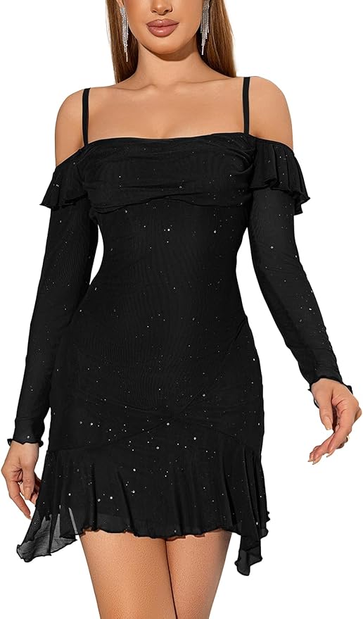 VAFADRESS Womens Sexy Sequin Sparkly Glitter Dress Spaghetti Strap Off Shoulder Party Club Mini Dress