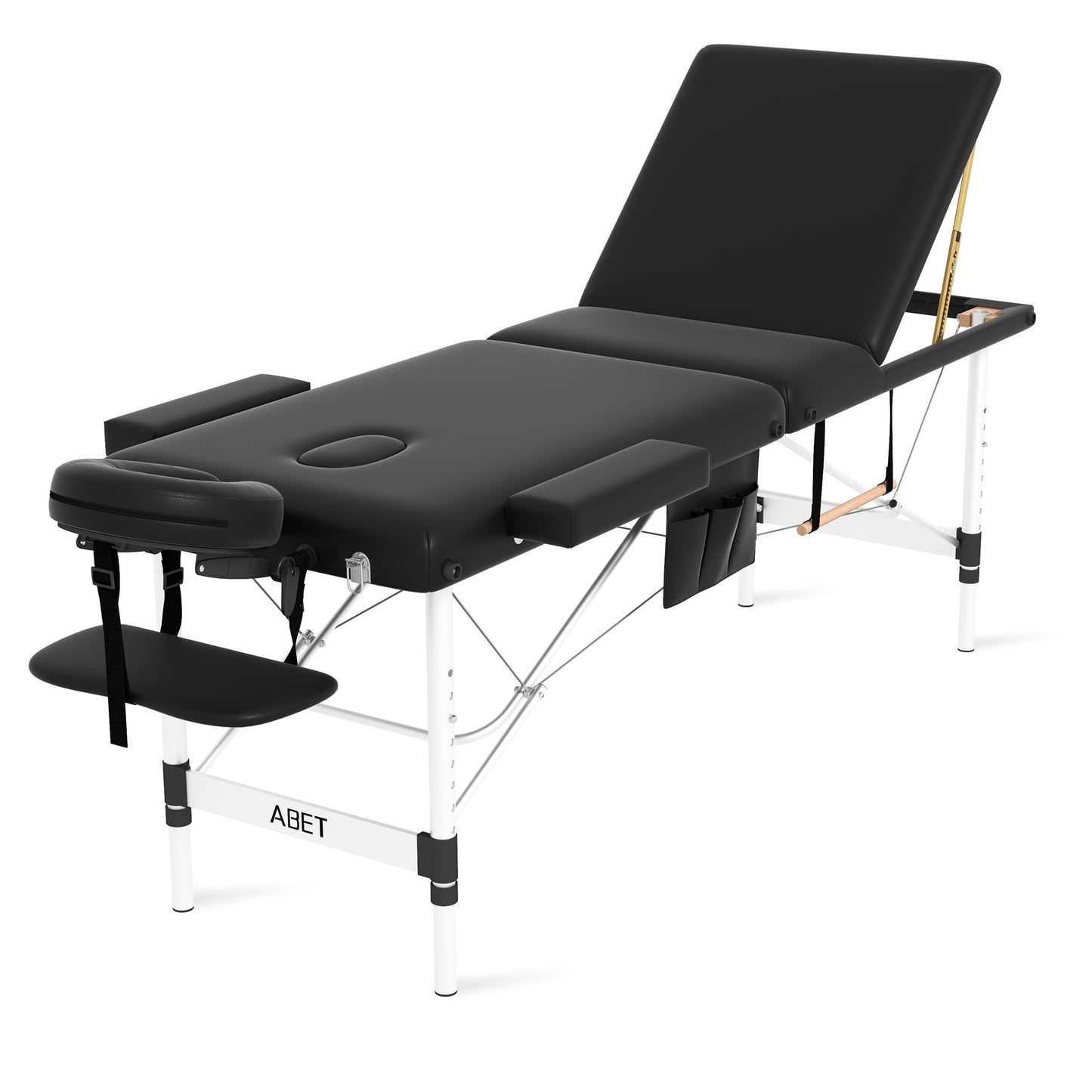 ABET Massage Table, 3 Fold Portable Professional Lash Tattoo Spa Bed, Height Adjustable 23.5" Wide Compact Facial Table with Detachable Oil Pocket Towel Rod Face Cradle Armrest, Aluminum Feet & Black