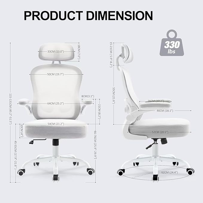 TUKAKA Ergonomic Office Chair,Ultra Thick Office Desk Chair with Adjustable Lumbar Support and Headrest,Spring Cushion,Rocking Function,Flip-up arms,Mesh Computer Chair for Home Office,Grey