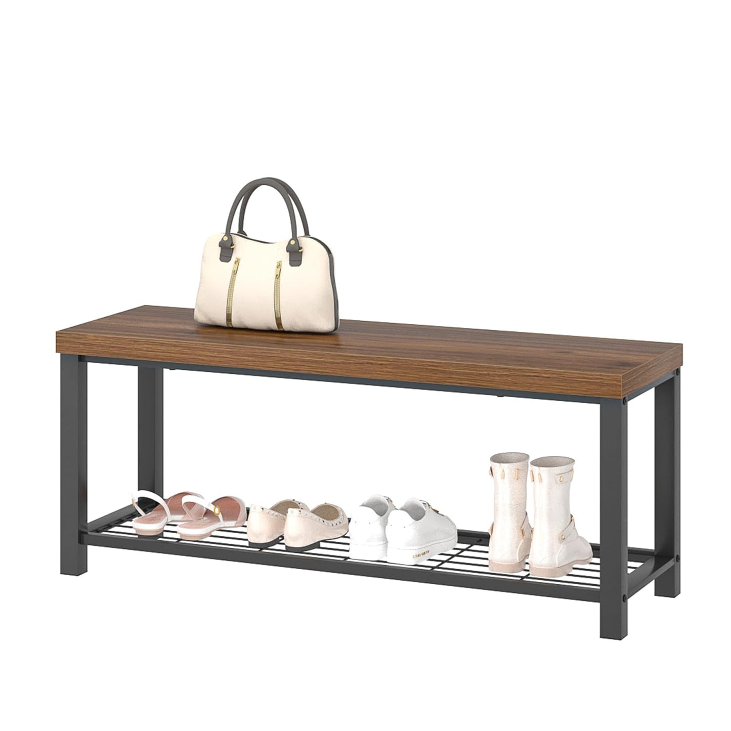 FOLUBAN Modern Entryway Bench - Rustic Wood and Metal Shoe Storage for Hallway Front Door Entrance, Industrial Indoor Seat for Bedroom Living Room, 43 Inch Walnut