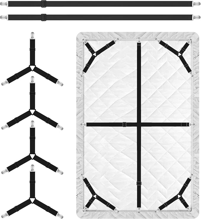Bed Sheet Holder Straps, 4+2 Pcs Adjustable Mattress Sheet Clips, Bed Sheet Fasteners Elastic Sheet Suspenders to Keep Bed Sheet in Place for Different Beds (Black)