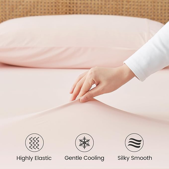 Cozy Bliss Premium Cooling Sheet Set King Size, Q-Max>0.4, 3PCS No Flat Sheet with 2 Pillowcases, Breathable Fitted Sheet for Hot Sleepers & Night Sweats, Deep Pocket Up to 18 Inches, Pink