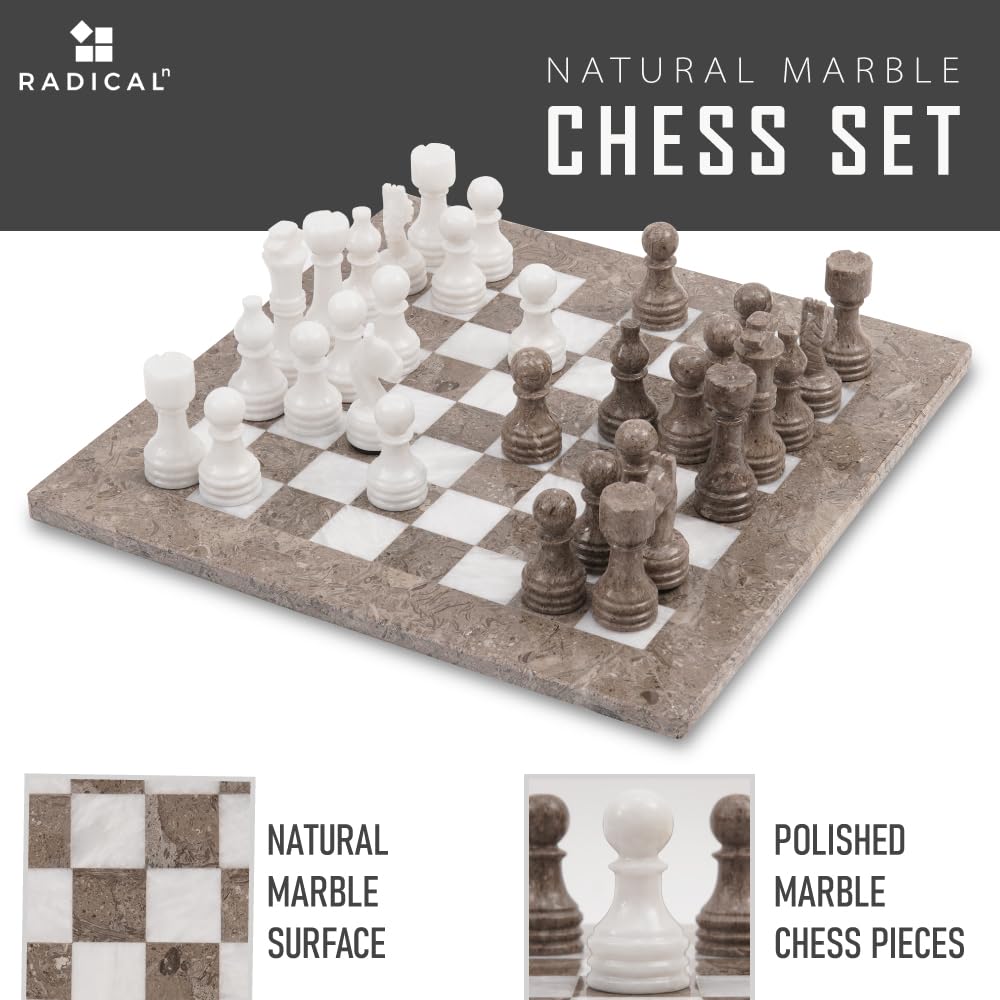 Radicaln Marble Chess Set 15" Inches Handmade Grey Oceanic and White Classic Board Game, Ideal Chess Games for Adults, Luxury Marble Chess Boards & Pieces for Gifts