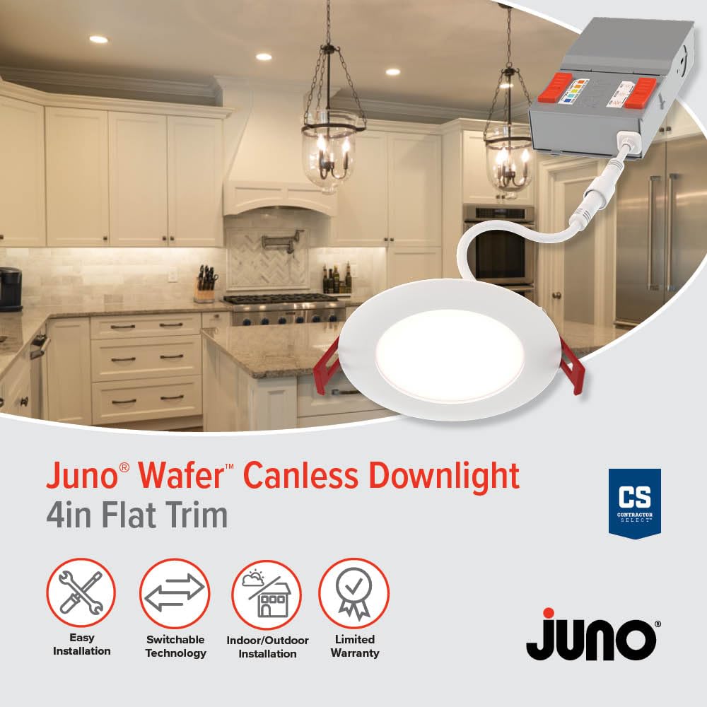 Juno LED Recessed Lights 4 Inch Round Baffle Wafer Downlight, 5-in-1 Switchable White Color Temperature, Adjustable Brightness, 120 Volts, 4-Inch Flat Trim, 1 Pack, Matte White