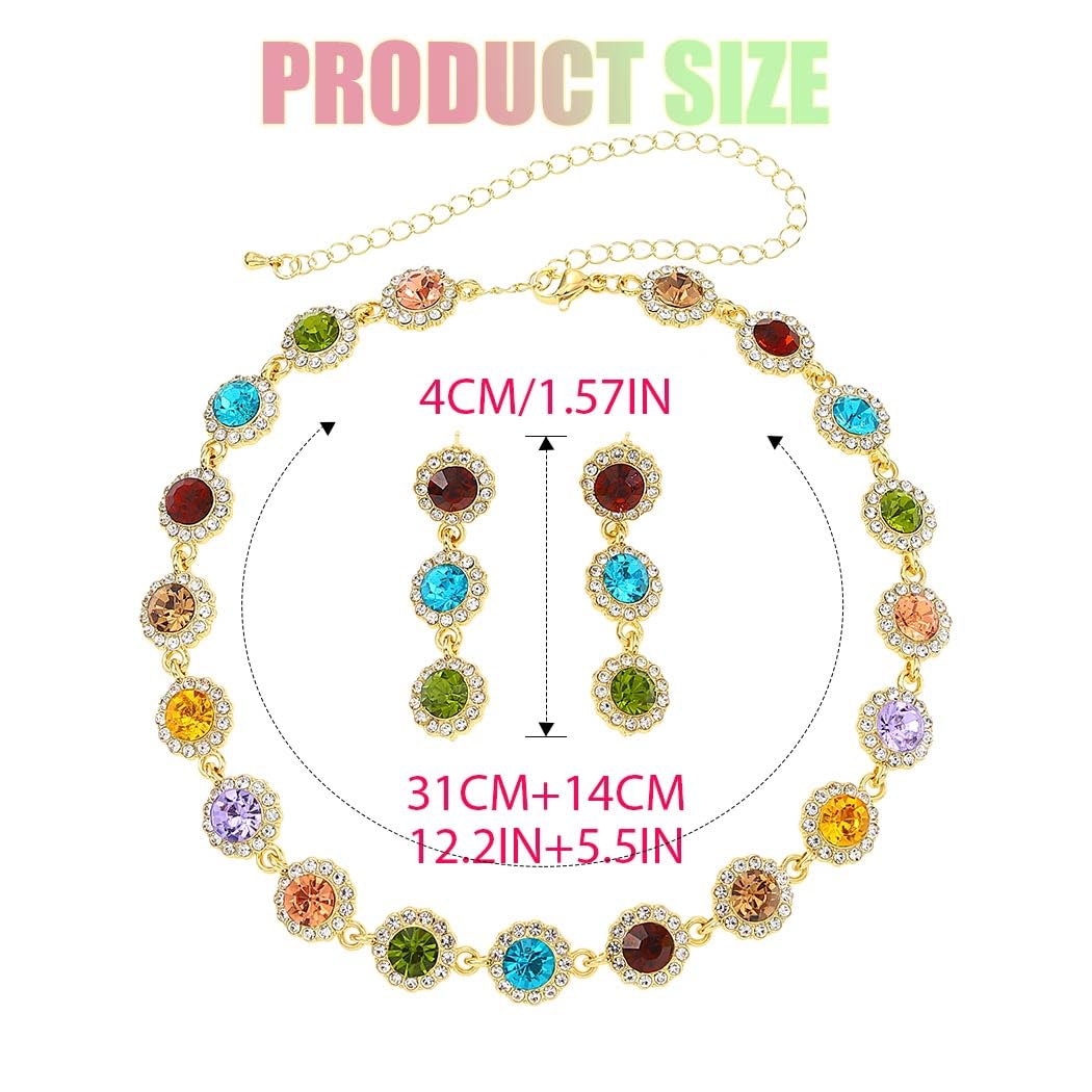 ACEDRE Colorful Crystal Jewelry Sets Gold Sparkly Rhinestone Necklace and Earrings Set Prom Costume Accessory for Women(2PCS)