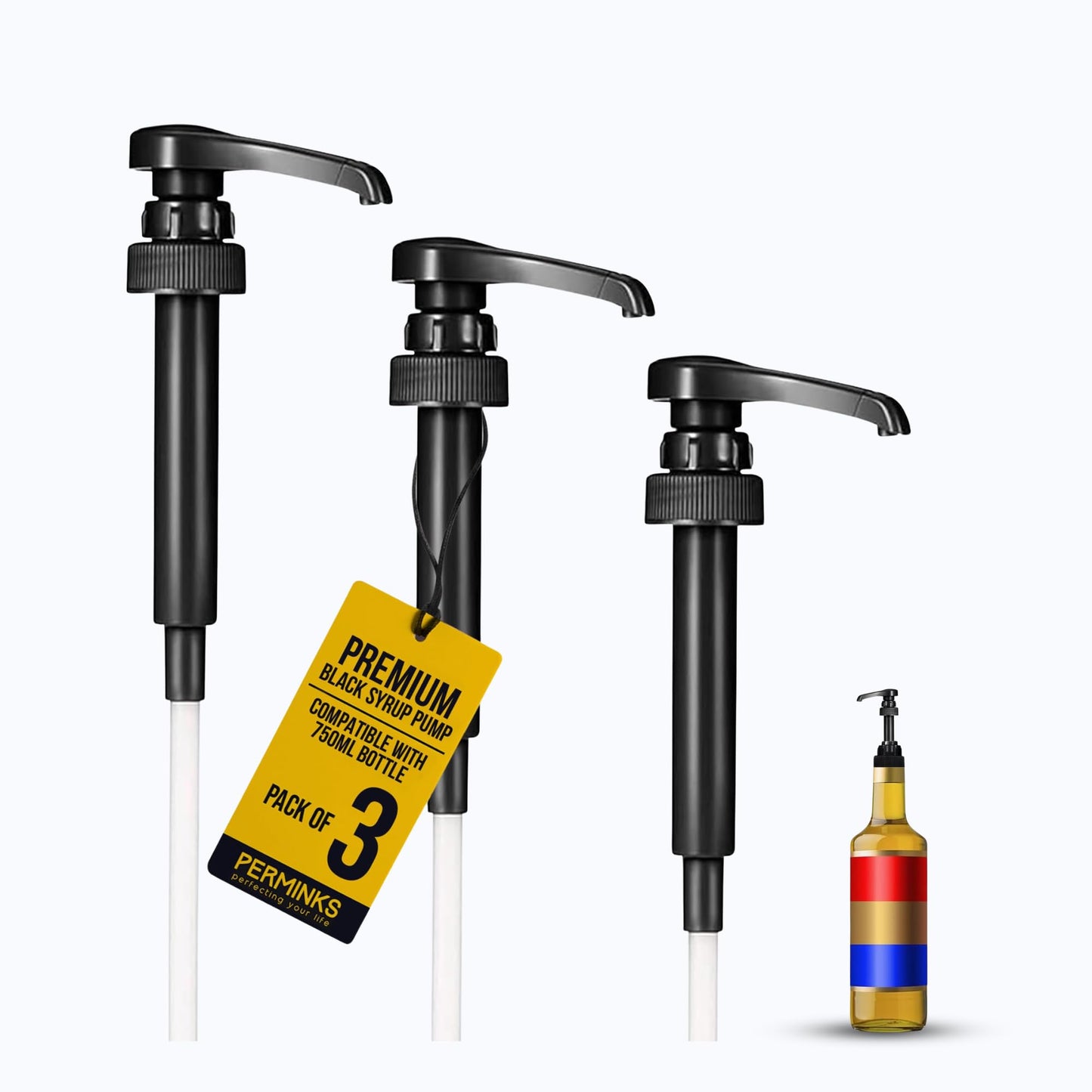 Premium Syrup Pump Compatible with Torani 750 ml Bottle, Davinci Syrups - No Spill, No Clog Syrup Pump Dispenser for Vanilla, Snow Cone, Blueberry, Coffee Flavoring & More (Pack of 3, Black)