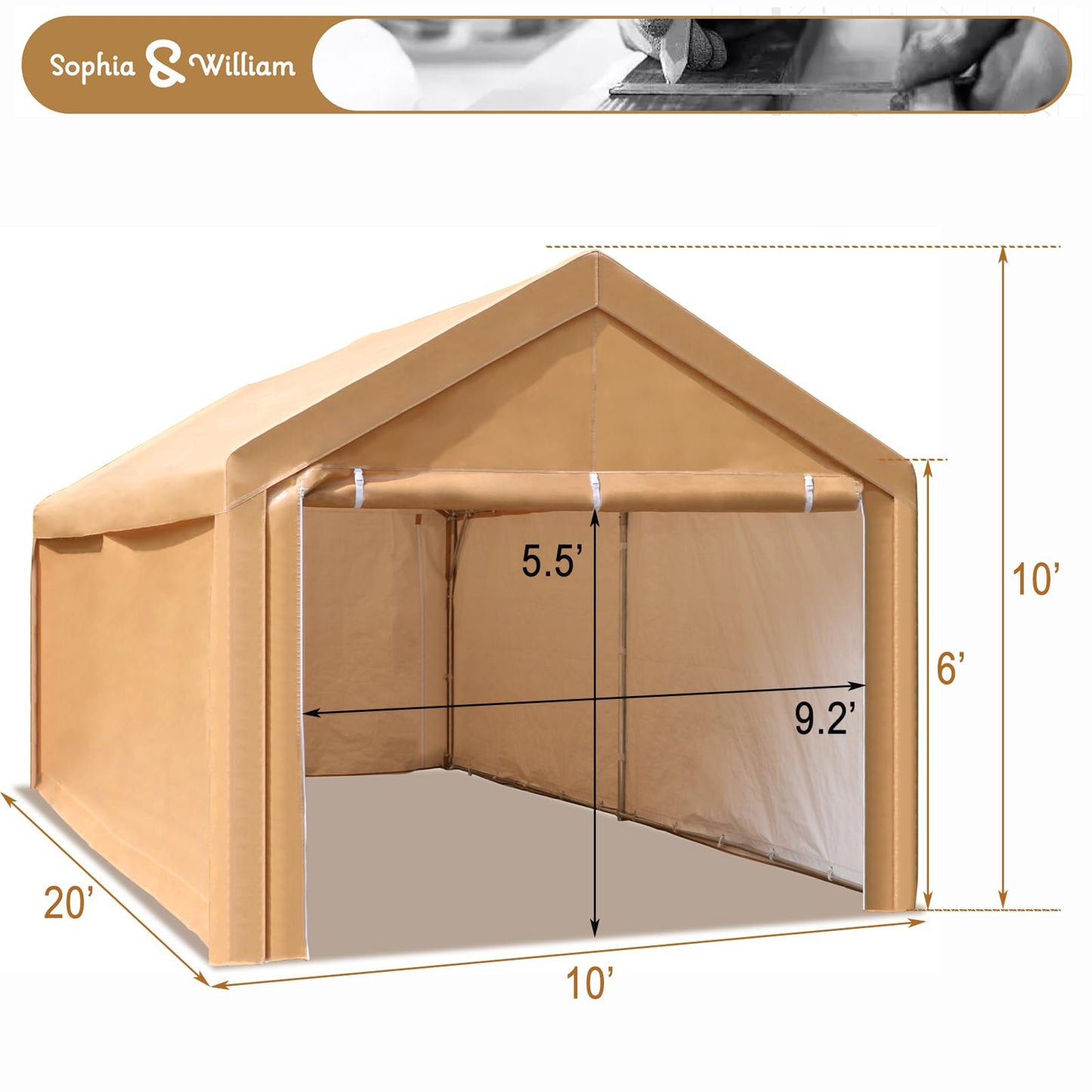 Sophia & William Carport Car Port Canopy 10x20 ft Heavy Duty, Portable Garage Shelter Car Tents Carpas para Carros All Weather for Automobiles Truck Boat, with Removable Sidewalls and Metal Frame