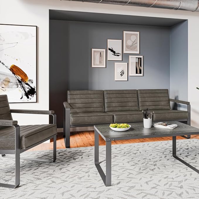NBF 3 Seat Office Lounge Sofa - Warm Cognac Polyurethane Upholstery with Charcoal Metal Frame - Modern Waiting Room Sofa Bench - 78.75" W x 30.75" D x 29.5" H