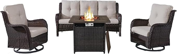 Belord Outdoor Patio Furniture Set with 50000BTU Propane Fire Pit Table, 4 Pieces Wicker Patio Conversation Set with 2 Swivel Rocker Glider Chairs Rattan Sofa Beige Cushion Perfect for Gathering