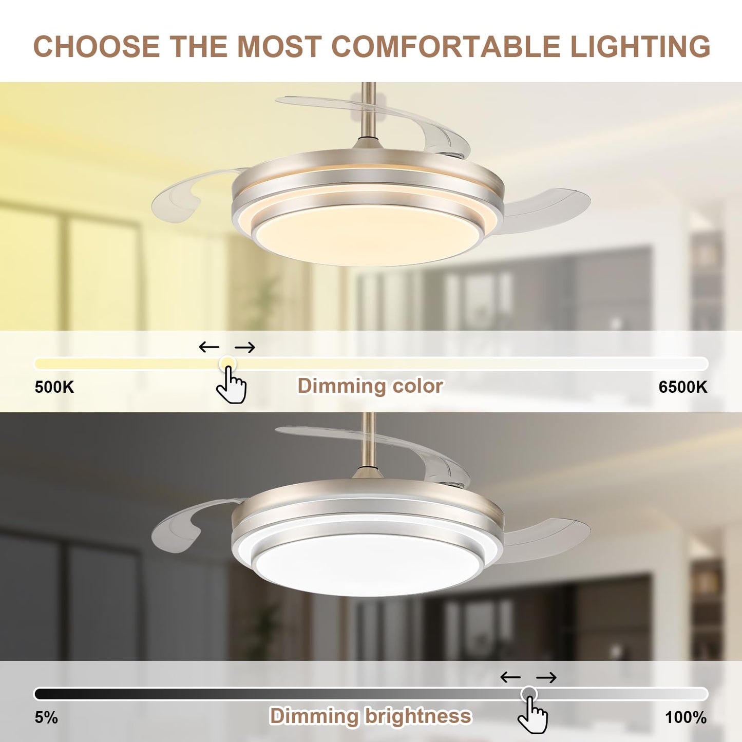 48 Inch Fandelier Ceiling Fan with Light,Modern Retractable Ceiling Fan with Lights and Remote/APP;6Speed,Silent Reversible Motor,Timer,Chandelier Fan for Bedroom/Living Room(Brushed Nickel)