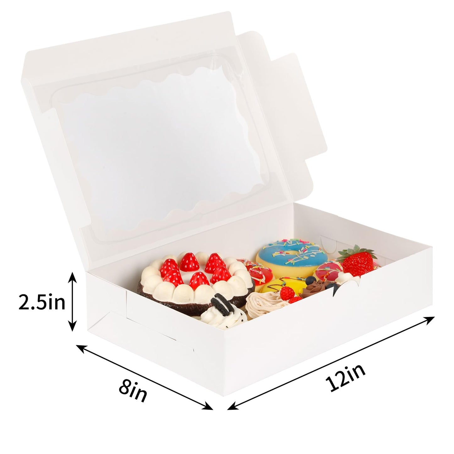 Moretoes 15pcs Bakery Boxes,12x8x2.5 Inches Cookie Boxes with Window, for Chocolate Covered Strawberries, Cakes, Pies, Muffins, Donuts and Pastries