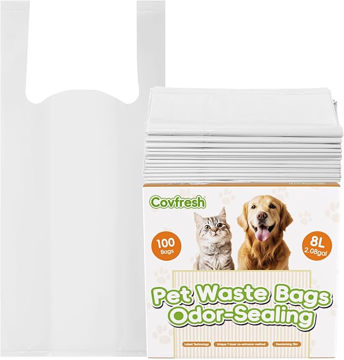 Odor-Sealing Dog Poop Bags with Handles 100 Count Pet Waste Bags, Large Capacity & Unscented Poop Bags for Dogs or Cat Litter, Conceals Smell & Mess (White)