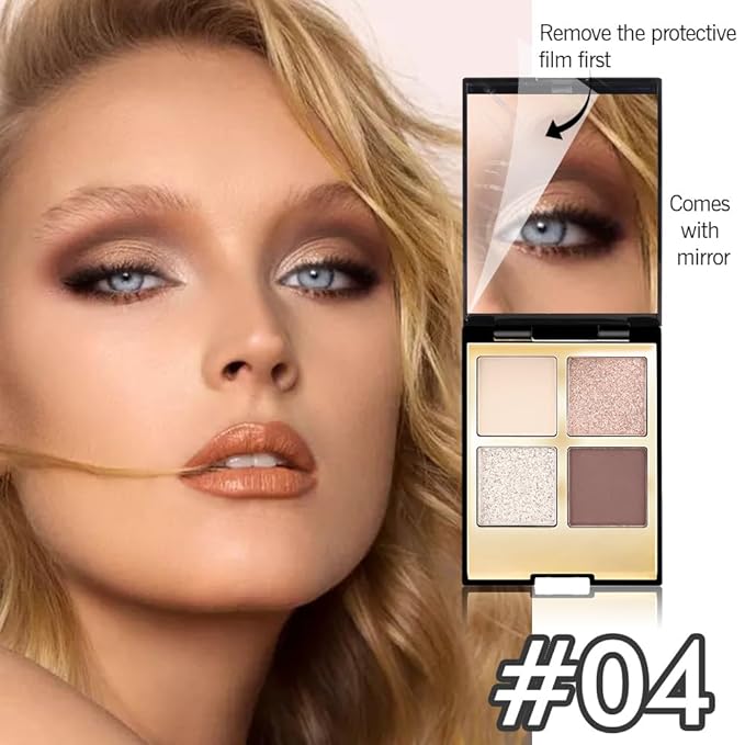 Eyeshadow Quad Makeup Palette – 4 Shades of Nude, Silver, Brown, Champagne Gold Tones, Blendable Matte & Shimmer, Long-Lasting Waterproof, Perfect for Mature & Young Women, with Built-In Mirror 04#