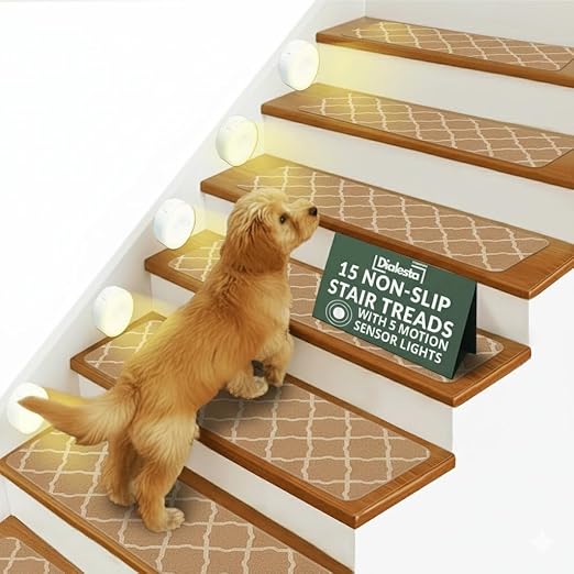Stair Treads for Wooden Steps Indoor, Includes 15 Non-Slip Carpet Mat 8x30in with 5 Motion Sensor Lamps, Peel & Stick Carpet Stair Treads,Safety Stair Rugs for Kids, Elderly and Pets (Beige)