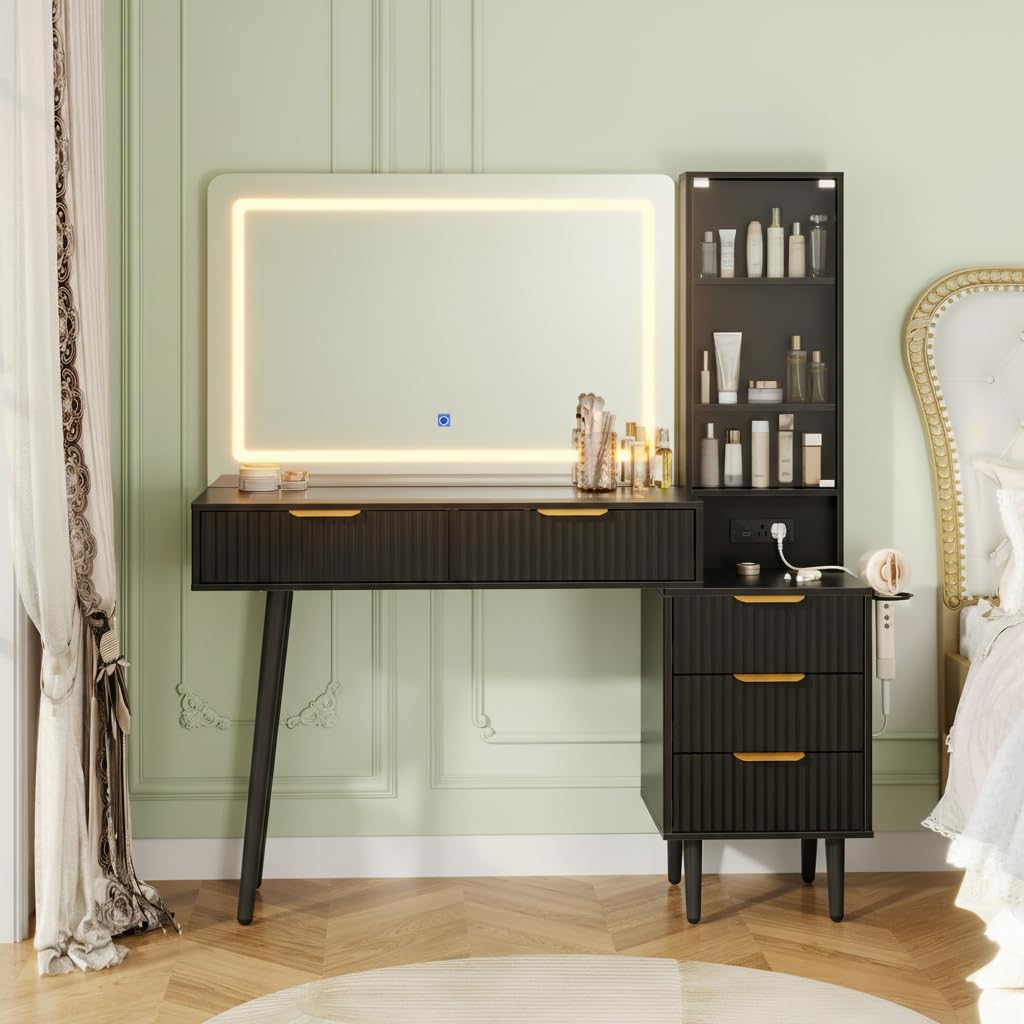 GarveeLife 48" Makeup Vanity Desk with Fluted Design, 36" Oversized Lighted Mirror, Glass Top Vanity Table with Charging Station, 5 Drawers and 3-Tier Storage Shelves for Bedroom, Dark Gray