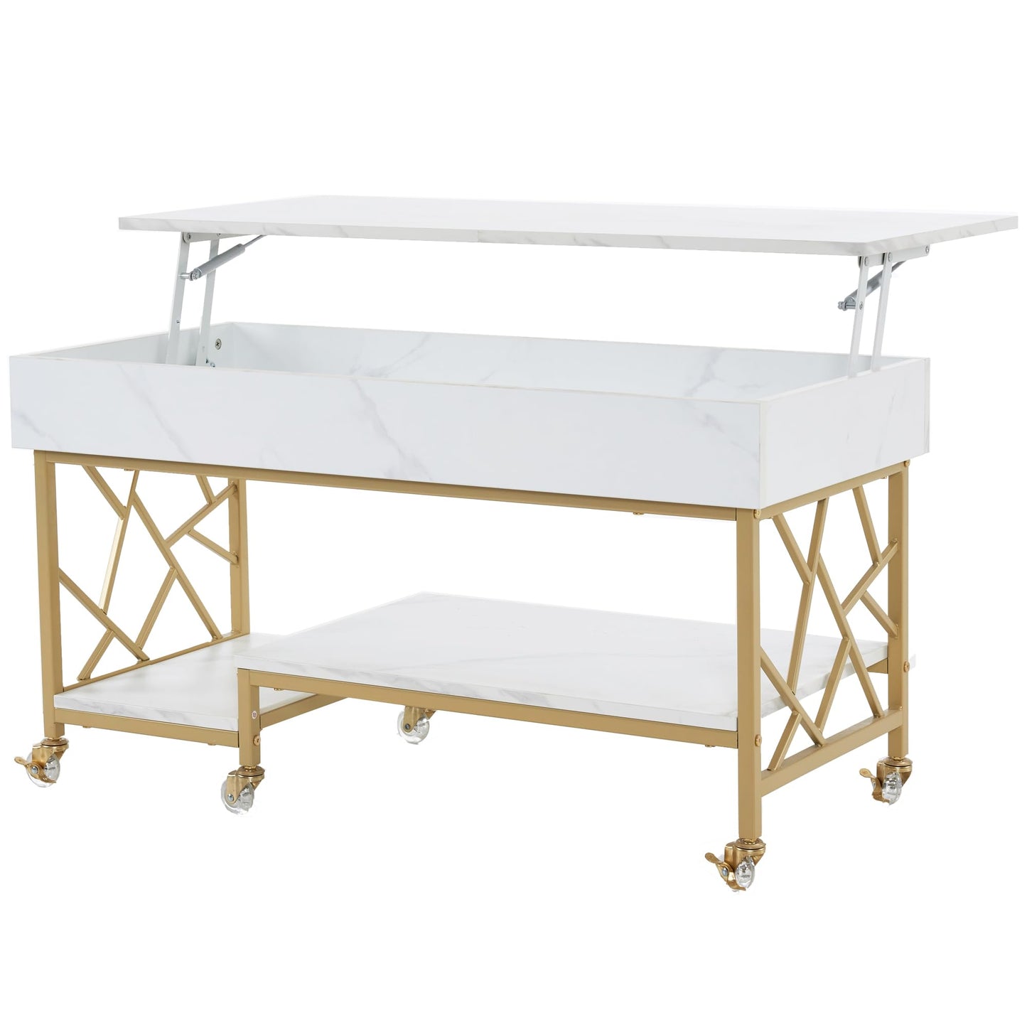 ivinta Lift Top Coffee Table, Lift Up Wooden Central Table with Hidden Storage Compartment and Open Storage Shelf for Living Room Home Office 1150 (White and Gold)