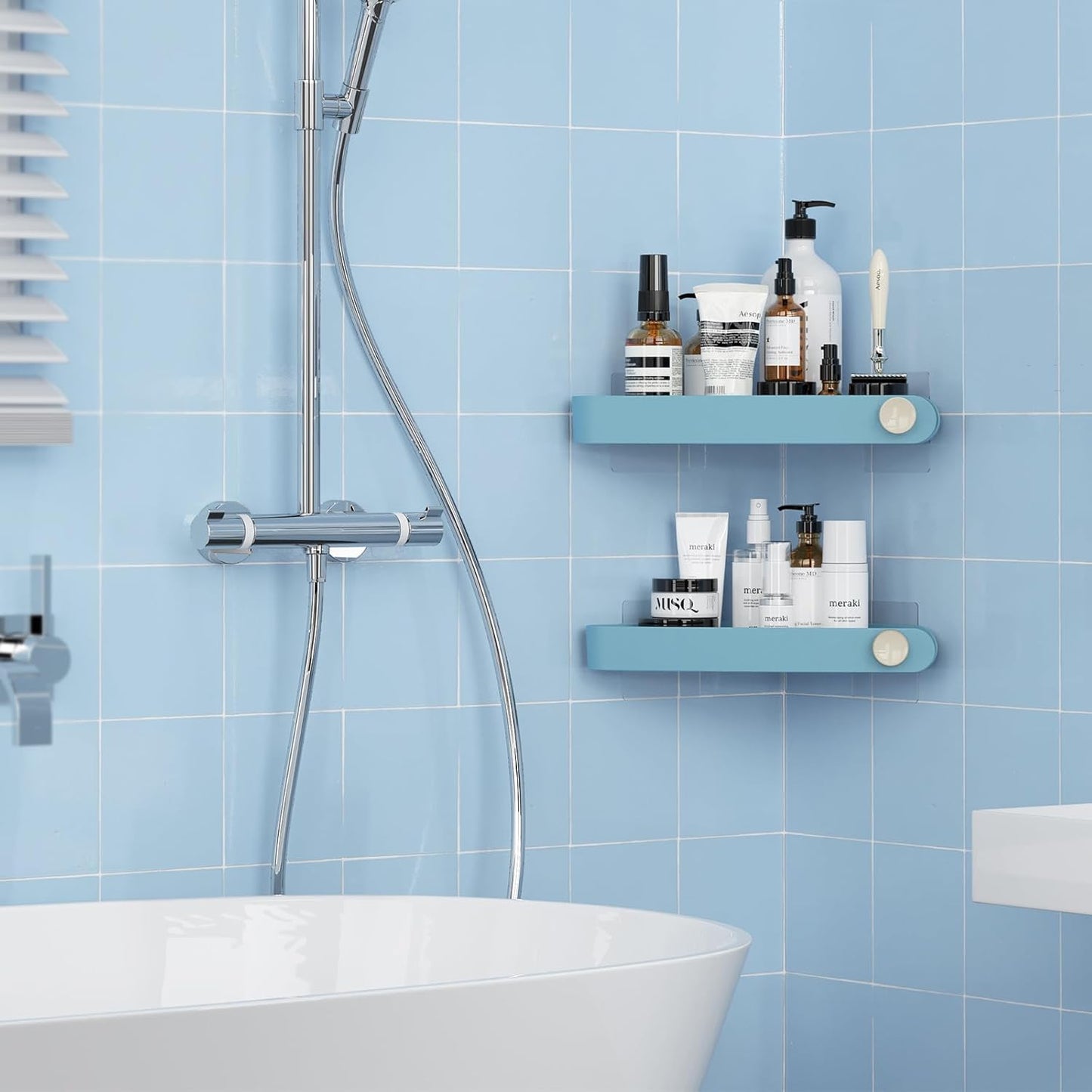 Sotfamily Shower Caddy Corner, 2 Pack Adhesive Corner Shower Shelves for Bathroom Organizers and Storage, Rust Free Plastic Rack for Bathroom Accessories & Decor, Light Blue