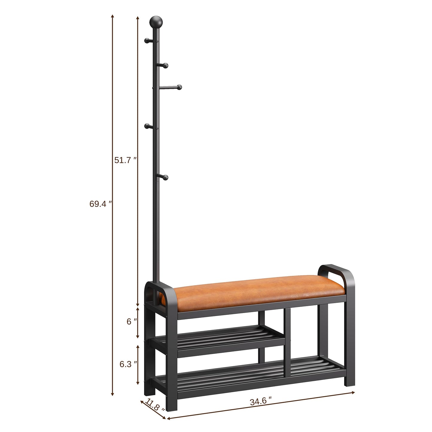 IRONCK 35" Hall Tree, Shoe and Coat Rack with Bench, 3-in-1, 2 Tier Shelves, 5 Hooks, Coat Rack with Shoe Storage for Entryway, Hallway, Rustic Brown