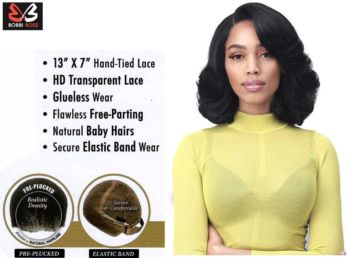 BOBBI BOSS 13X7 HD Lace Bob Curly Synthetic Wig - MLF602 NATALIA, Wavy Short Wigs with Baby Hairs, Glueless Lace Free Part Wig with High Heat Resistant Wigs (TFL60/GOLD)
