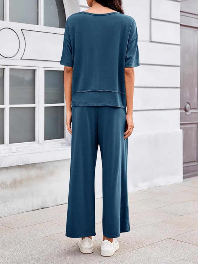 Tankaneo Womens 2 Piece Sets Casual Tracksuits Short Sleeve Tops Wide Leg Pants Outfits Lounge Sets