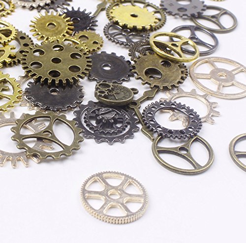BIHRTC 100 Gram Mixed Color Antique Metal Steampunk Gears Charms Pendant Clock Watch Wheel Gear for Crafting, Jewelry Maki...