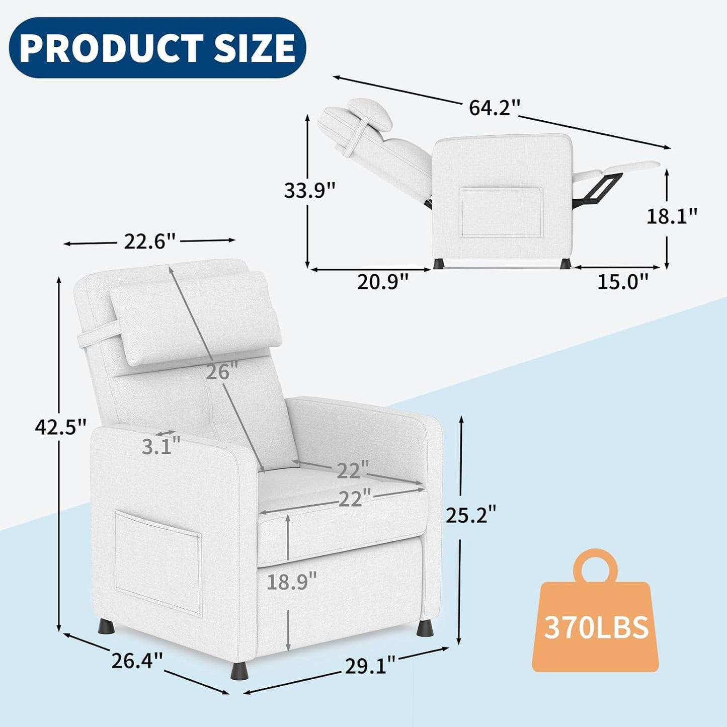 ExploreHorizon Power Recliner Chair with Electric Adjustable Back USB Port & Side Pockets, Single Overstuffed Recliner Chair for Living Room, Bedroom, or Home Theater, Beige White