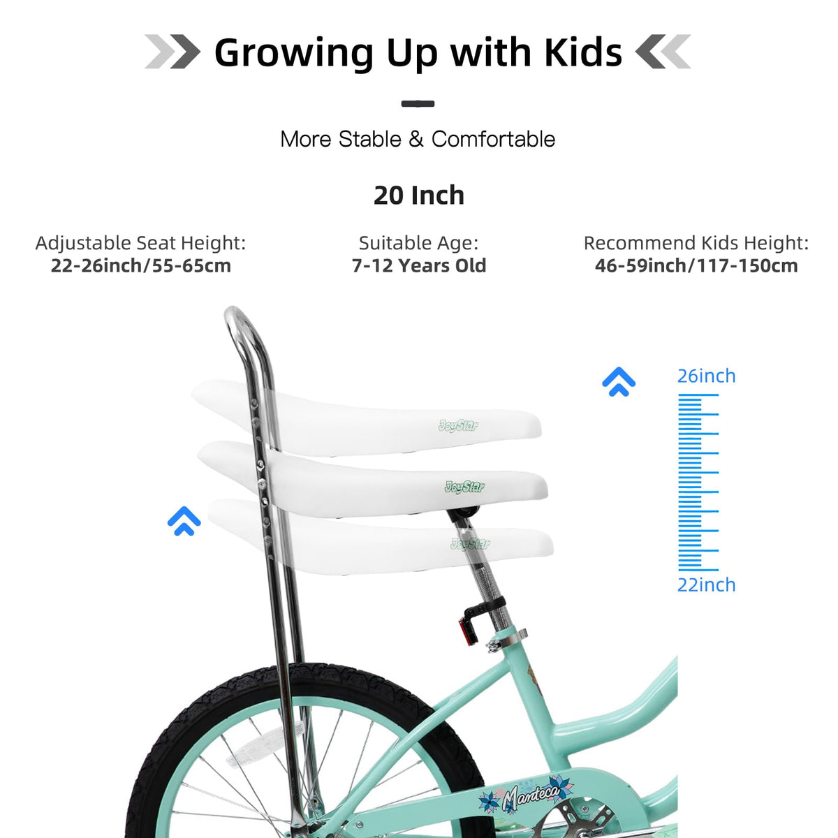 JOYSTAR 20 Inch Kids Bike with Training Wheels, Banana Seat Bicycle for Girls Ages 7-10 Years Old, Kids' Lowrider Bicycle with Front Handbrake and Coaster Brakes, High Rise Handlebar Green