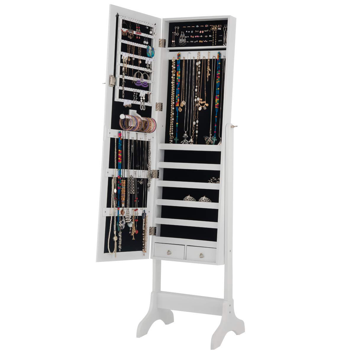 Mirror Wood Standing Jewelry Cabinet, Lockable Standing Jewelry Armoire with Key, Large Storage Capacity Jewelry Cabinet Organizer with 2 Drawers, 4 Angel Adjustable (White)