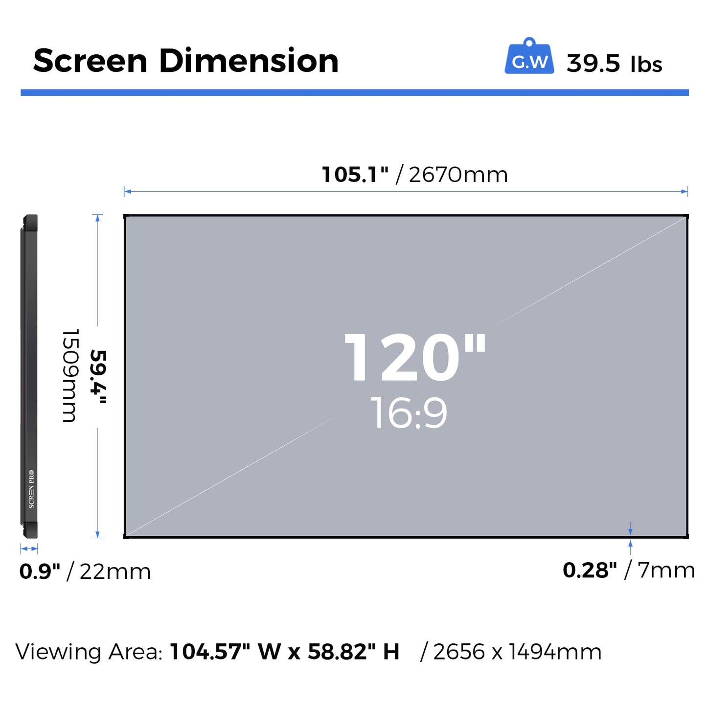 SCREENPRO Anti-Speckle Projection Fabric, 120 Inch Ultra-Narrow Bezel with Seamless 3C Fabric, for RGB Laser, UST, Dimly Light Home Theaters, Long Throw Triple Laser 4K/8K Resolution Projectors