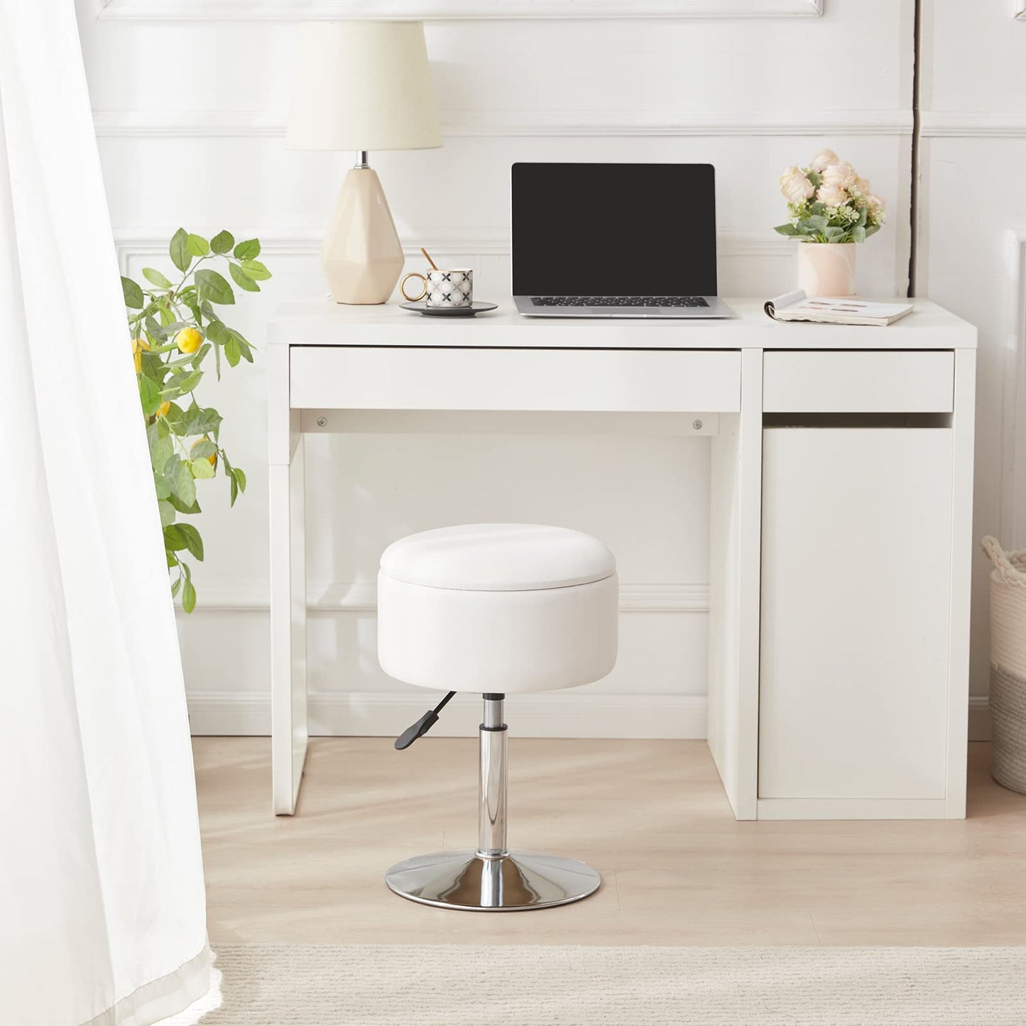 RUCUKEN Adjustable Ottoman Stool White Vanity Stool Vanity Chair for Makeup Room Stool Chair for Vanity Stool with Storage Makeup Stools with Storage Swivel Makeup Chair for Bathroom Faux Leather