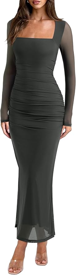 REORIA Long Sleeve Wedding Guest Maxi Dresses for Women Sheer Mesh Square Neck Ruched Bodycon Long Dress 2025 Fall Outfits