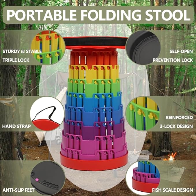 JAEMEYEM 2025 Collapsible Stool Chair, Upgraded Folding Stool for Adults Lightweight, Sturdy, Adjustable, Portable, Foldable Seat Sturdy Stools for Outdoor Camping Fishing Hiking Gardening BBQ