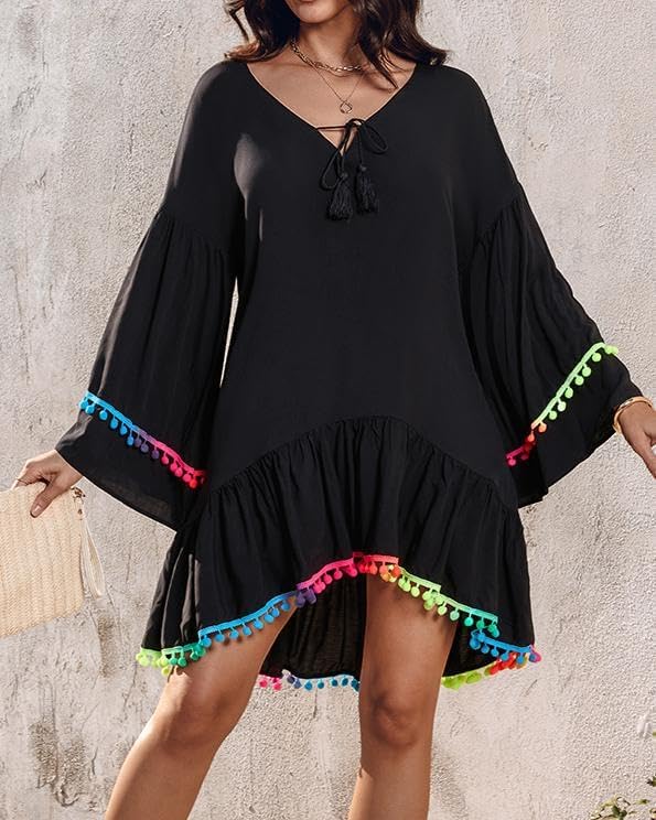 Womens Boho V Neck Chiffon Tassel Dress Flowy Bell Sleeve Loose Beach Cover Up Vacation Festival Summer Outfit