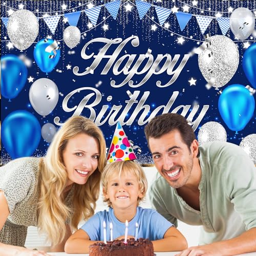 MDCGFOD Happy Birthday Banner - Birthday Decorations for Men Women Boys Girls Blue Sliver Birthday Party Banners Welcome H...