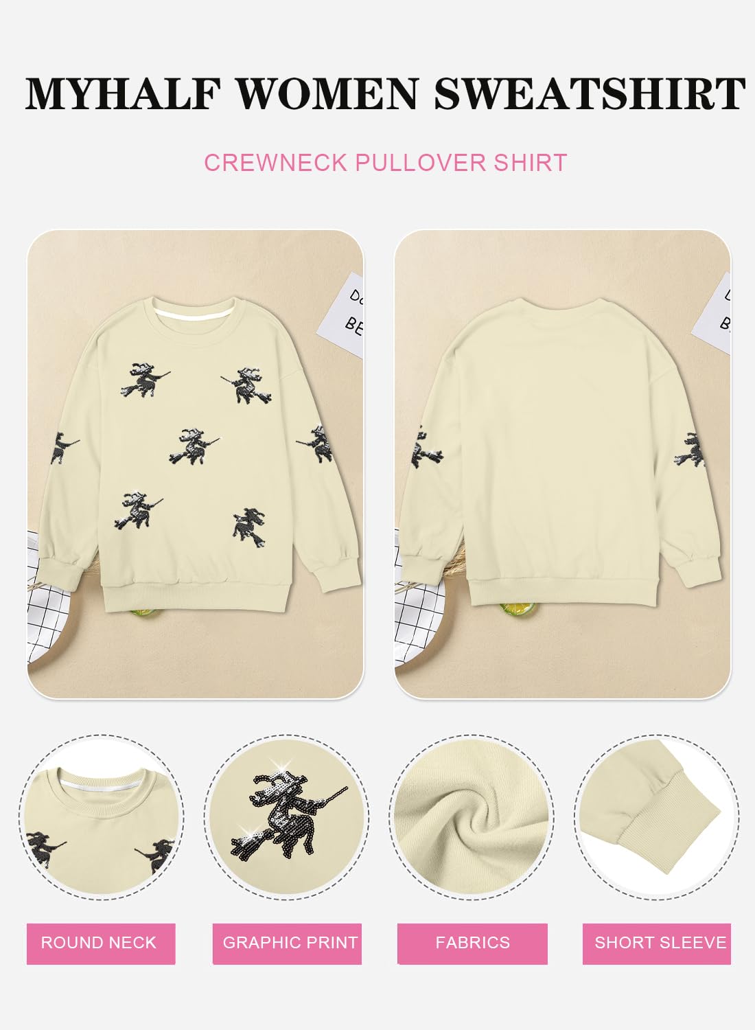 MYHALF Halloween Sweatshirts Women Colorful Sequin Ghost Graphic Pullover Shirt Halloween Witch Crewneck Sweater Apricot