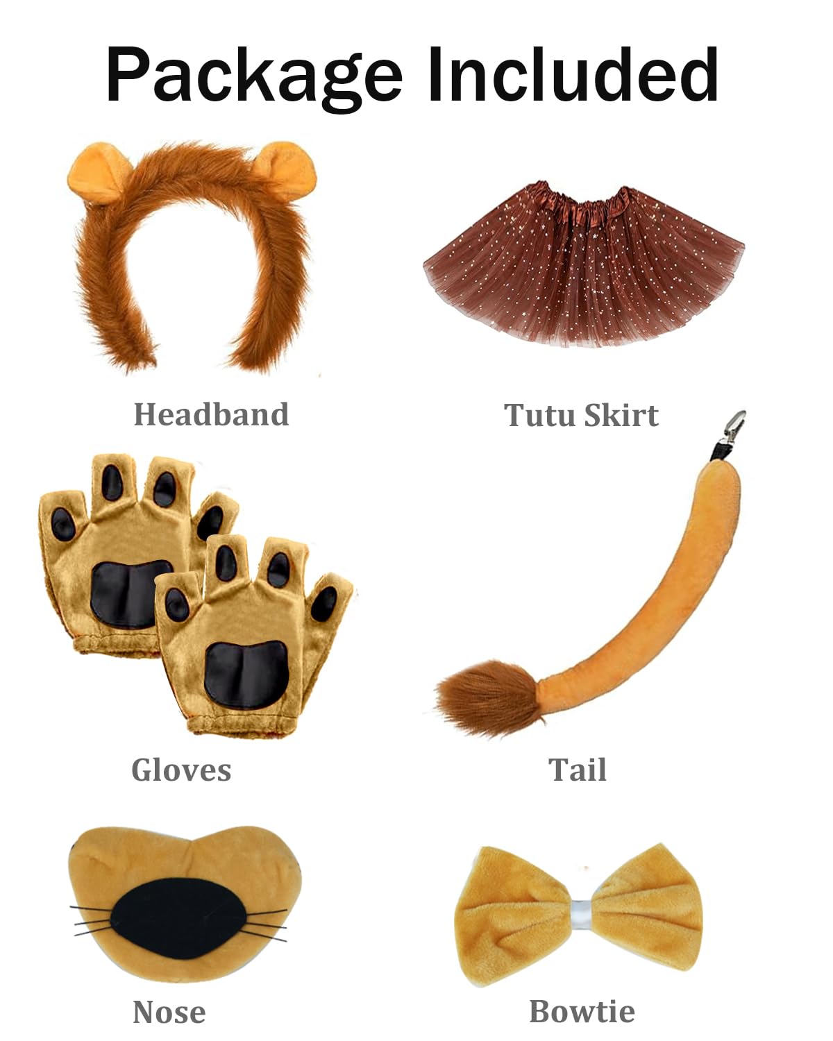Besuante 7 Pcs Animal Lion Costume Set for Girls Ear Headband Tail Bowtie Nose Gloves Tutu Skirt for Halloween Dress Up