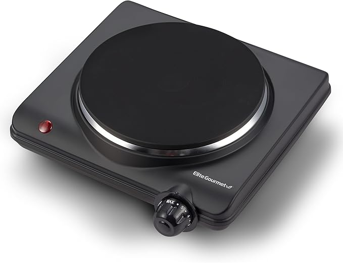 Elite Gourmet ESB-301BF# Countertop Single Cast Iron Burner, 1000 Watts Electric Hot Plate, Temperature Controls, Power In...