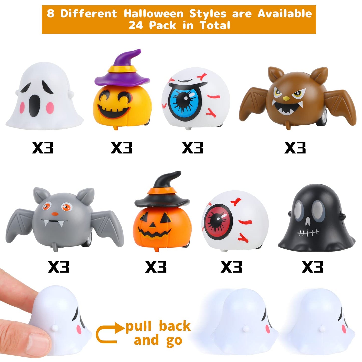 CCINEE 24PCS Halloween Pull Back Cars, Assorted Ghost Eyeball Bat Pumpkin Tiny Car Toys Halloween Friction Powered Racing Cars Vehicle Toy for Kids Halloween Bag Fillers Treats Prizes Party Favors