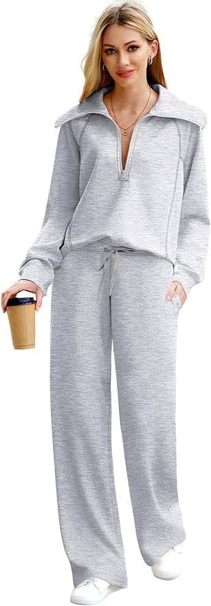 XIEERDUO Lounge Sets For Women 2025 Half Zip Sweatshirt And Wide Leg Sweatpant 2 Piece Outfits Sweatsuit Tracksuit