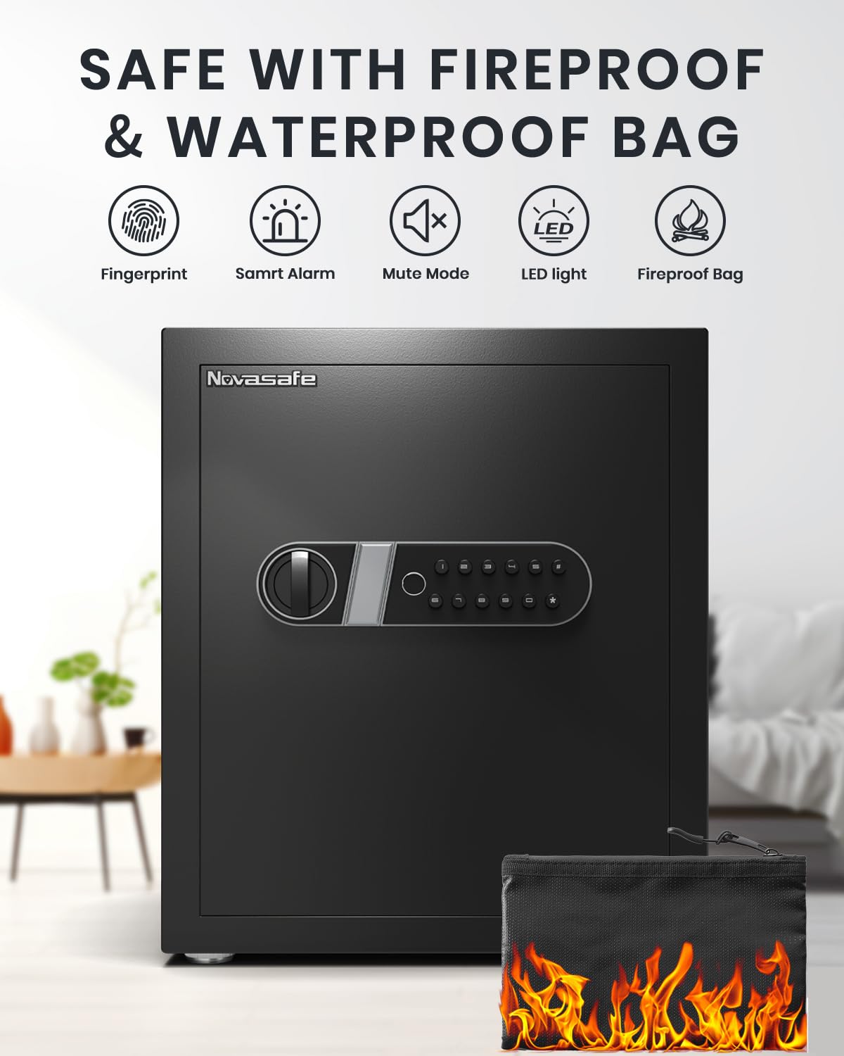 Biometric Safe, 2.0 Cu ft Fingerprint Home Safe Box with Fireproof Waterproof Bag & Key, Security Money Safe for Cash, Jewelry, Valuables, Digital Electronic Keypad, Dual Alarm System